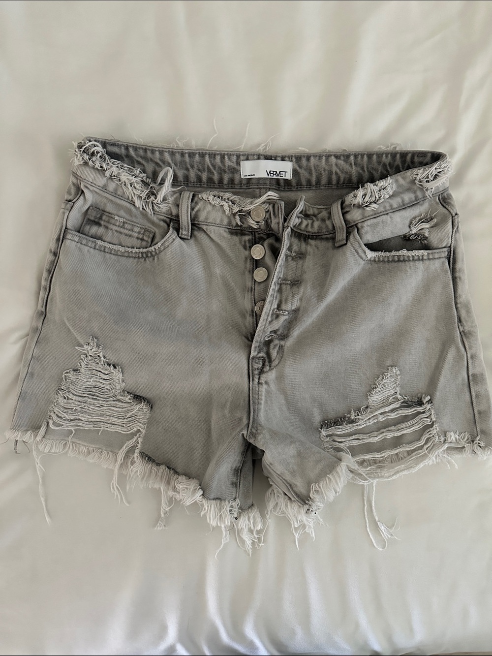 VERVET BY FLYING MONKEY Light Gray Distressed Denim Shorts